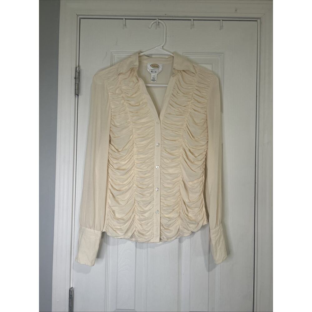 VINTAGE PURE SILK SHIRRED BLOUSE, IVORY, TALBOTS, SZ 4